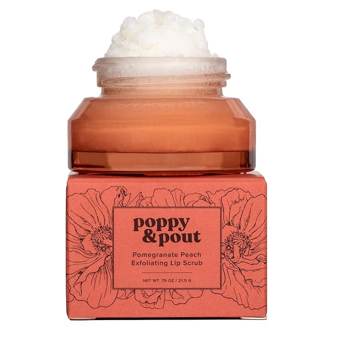 Poppy & Pout Natural Lip Scrub, Moisturizing Sugar Scrub for Dry Lips, Lip Scrubber Exfoliator with Essential Oils Smooths and Hydrates Lips, In Recyclable Glass Jars, Cruelty Free - Pomegranate Peach-Velvo Beauty