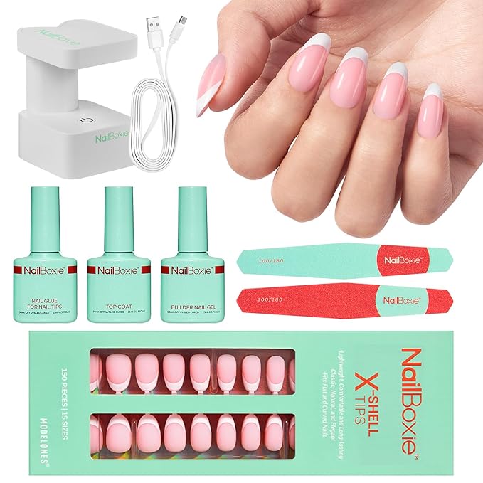 Modelones Gel Nail Kit, Press On Nails Kit with LED Light, 150 PCS Short Pink Almond, 15 Sizes French Tip Press on Nails, NailBoxie Pre-Colored Nail Tips for Easy DIY Nail Art-Velvo Beauty