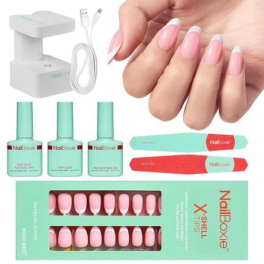 Modelones Gel Nail Kit, Press On Nails Kit with LED Light, 150 PCS Short Pink Almond, 15 Sizes French Tip Press on Nails, NailBoxie Pre-Colored Nail Tips for Easy DIY Nail Art-Velvo Beauty