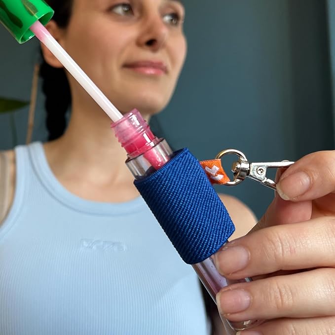 LipBalm Holder with Keychain, Lipstick Holder Keychain, Lip Gloss Holder Keychain, Never Lose Your Lip Balm, Lip Gloss or Lipstick with Cute Elastic Lip Balm Keychain Holder (Blue)-Velvo Beauty