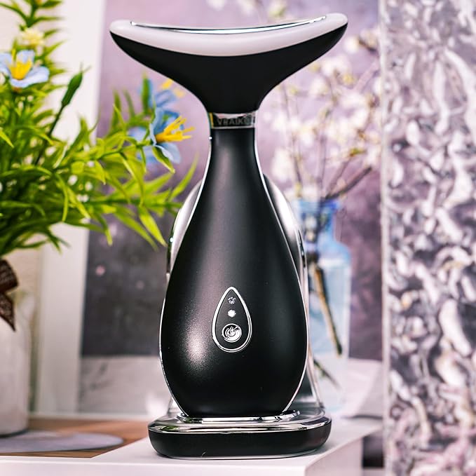 Lily Neck Face Massager, Face Sculpting Tool, Skin Rejuvenation Device with Thermal, Triple Action LED and Vibration, for Anti-Aging, Lifting and Tightening Sagging Skin (Frosted Black)-Velvo Beauty