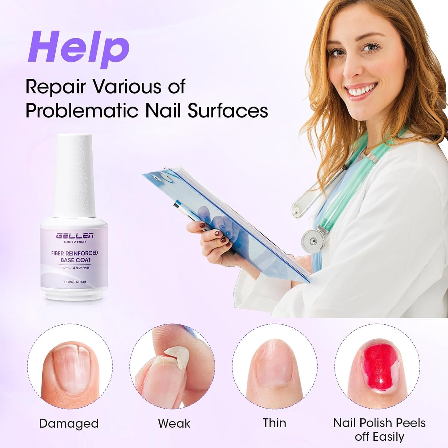 GELLEN Fiber Glass Base Gel Polish, 0.51 Fl.oz Clear Nail Strengthener for Repair Broken Damaged Thin Weak Nails, Professional Soak Off UV Base Coat Salon Home-Velvo Beauty