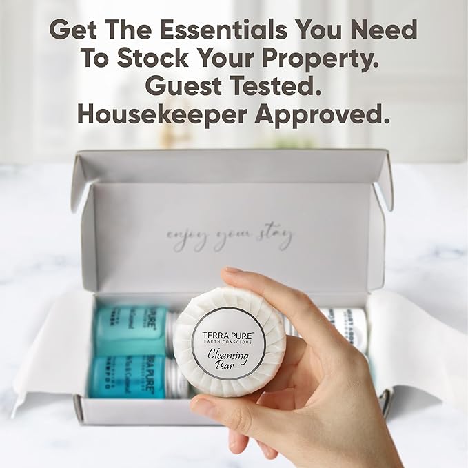 Terra Pure White Tea and Coconut Amenity Kit | Hotel Toiletries | 1oz Travel Size Shampoo, Conditioner, Lotion, Body Wash & Cleansing Bar for Guest Hospitality AirBnB/Vacation Rentals | 1 set/case-Velvo Beauty