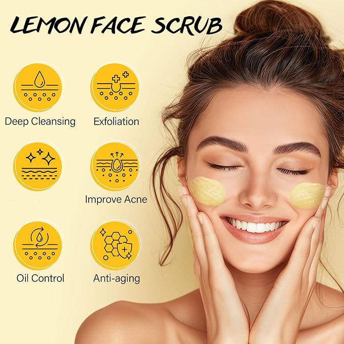 Lemon Face Scrub with Glycolic Acid Microdermabrasion Facial Scrub AHA Exfoliating for Women Men Safe Vegan Improves Acne Blackheads Soft Soothing without Irritation-Velvo Beauty
