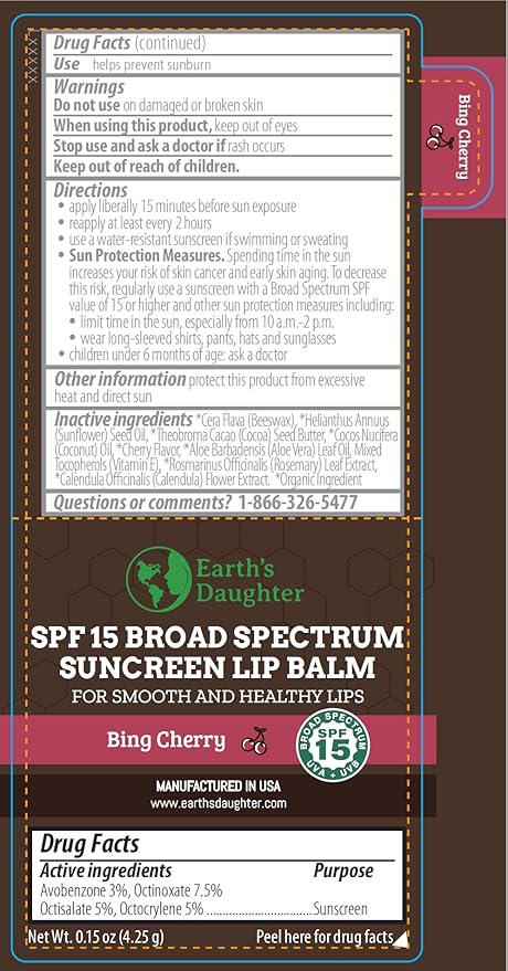 SPF Lip Balm 4-Pack by Earth's Daughter - Lip Sunscreen, SPF 15, Organic Ingredients, Cherry Flavor, Beeswax, Coconut Oil, Vitamin E - Hypoallergenic, Paraben Free, Gluten Free-Velvo Beauty
