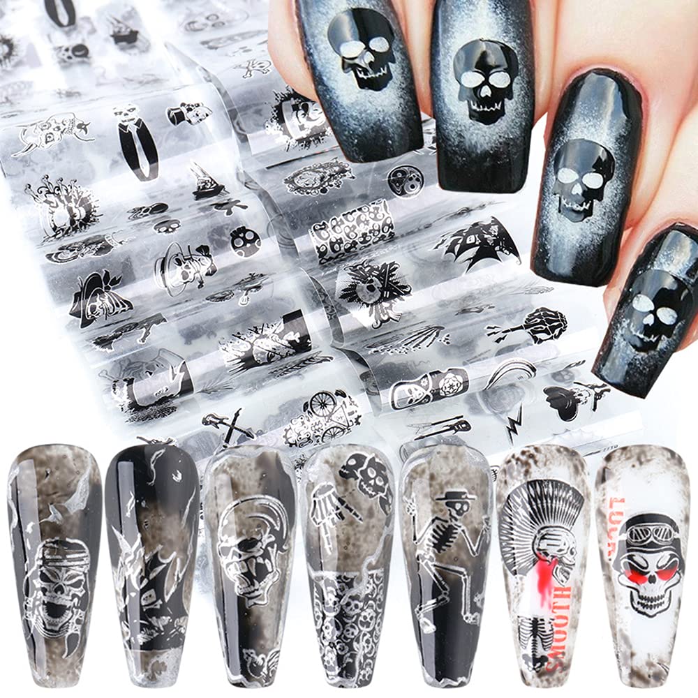 Black Skull Design Nail Foils Halloween Nail Transfer Foil Gothic Skull Nail Art Stickers Decals with Horror Pirate Skeleton Vampire Bone Butterfly Slider Wrap Design Nail Art Decoration Supplies-Velvo Beauty
