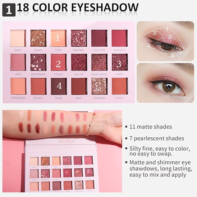 All In One Makeup Essential Starter Kit for Beginners or Pros, 18 Colors Naked Eyeshadow Palette Nude Face Primer, Brush, Sponge, Eyebrow Powder, Winged Eyeliner Stamp (SetA)-Velvo Beauty