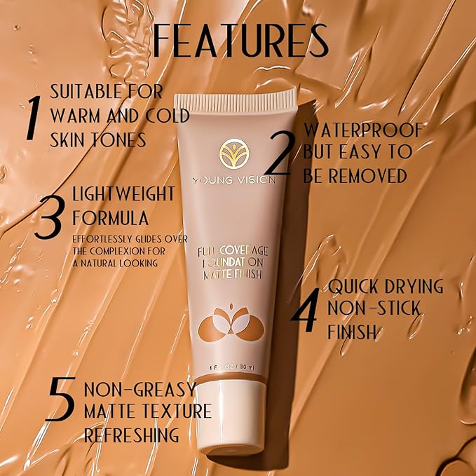 YOUNG VISION Full Coverage Longwear Foundation, Matte Finish, Waterproof, Poreless Liquid Foundation Makeup, Base de Maquillaje Alta Cobertura, 1 fl.oz-Velvo Beauty