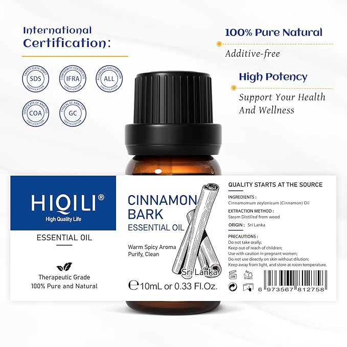 HIQILI 0.33 Fl Oz Cinnamon Essential Oil for Spary, Diffuser, Garden and Kitchen - 100% Pure Natural - Indoor and Outdoor, 10 ML-Velvo Beauty