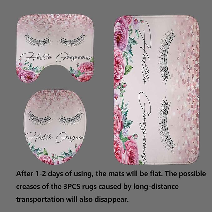 4PCS Hello Gorgeous Shower Curtain Set, Birthday Confetti Botanical Peony Floral Diamond Unicorn Eyelash Teen Girls Pink Bathroom Decor, Waterproof Fabric Shower Curtain, Bath Mat Toilet Rug-Velvo Beauty