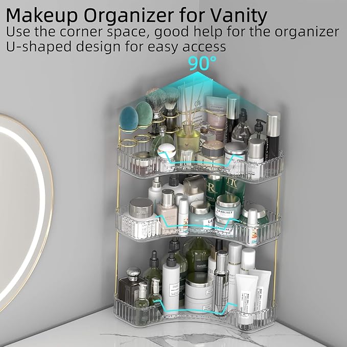 Makeup Organizer Countertop 3 Tier, Corner Bathroom Countertop Organizer with Toothbrush and Makeup Brush Holder, Corner Vanity Tray for Skincare Organization-Velvo Beauty