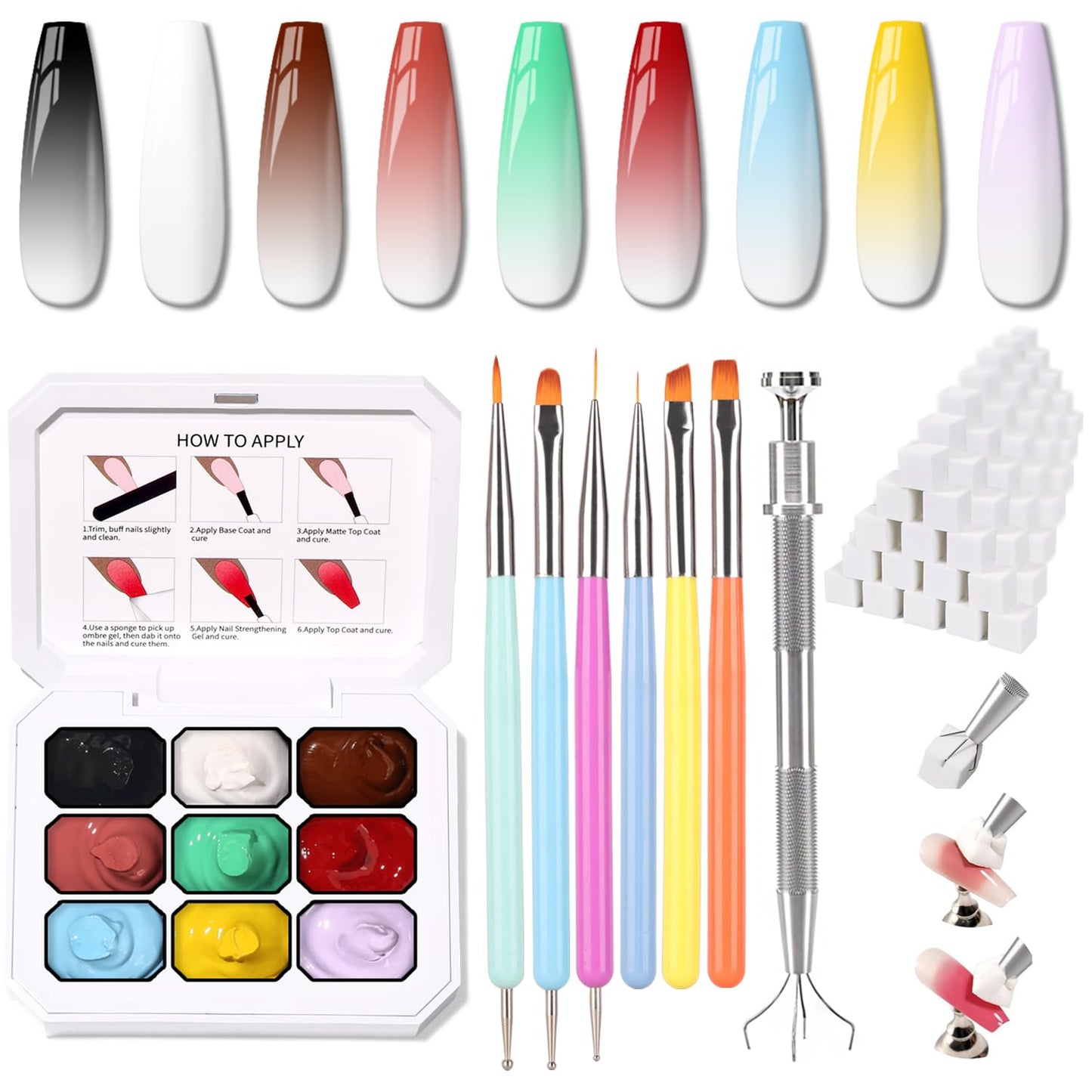 Sponge Pat Paint Nail Gel & Tools Kit, 9 Colors Ombre Nails Gradient Gel Nail Blush Blooming Aura Nails Drawing Stripper Floral Painting Nail Art, No Wipe, UV/LED Curing (9 Colors Set C)-Velvo Beauty
