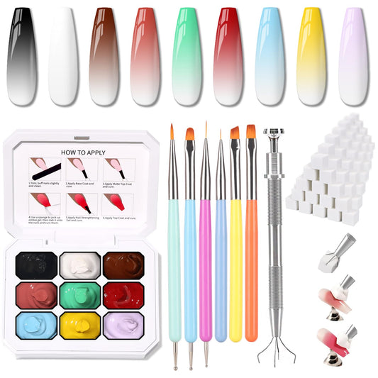 Sponge Pat Paint Nail Gel & Tools Kit, 9 Colors Ombre Nails Gradient Gel Nail Blush Blooming Aura Nails Drawing Stripper Floral Painting Nail Art, No Wipe, UV/LED Curing (9 Colors Set C)-Velvo Beauty