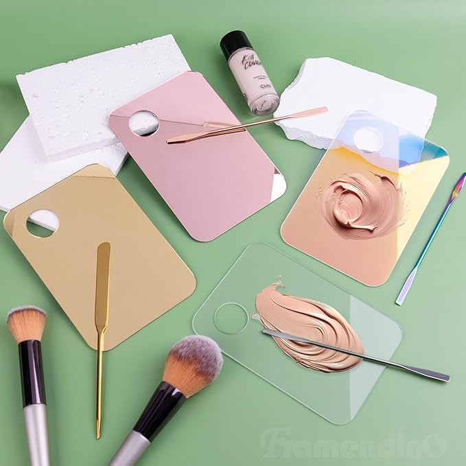 Framendino, 4 Pack Acrylic Cosmetic Makeup Palette Tray with 4 Pack Foundation Spatula Makeup Mixing Palette for Foundation Lipsticks Nail Art Beauty Salon-Velvo Beauty