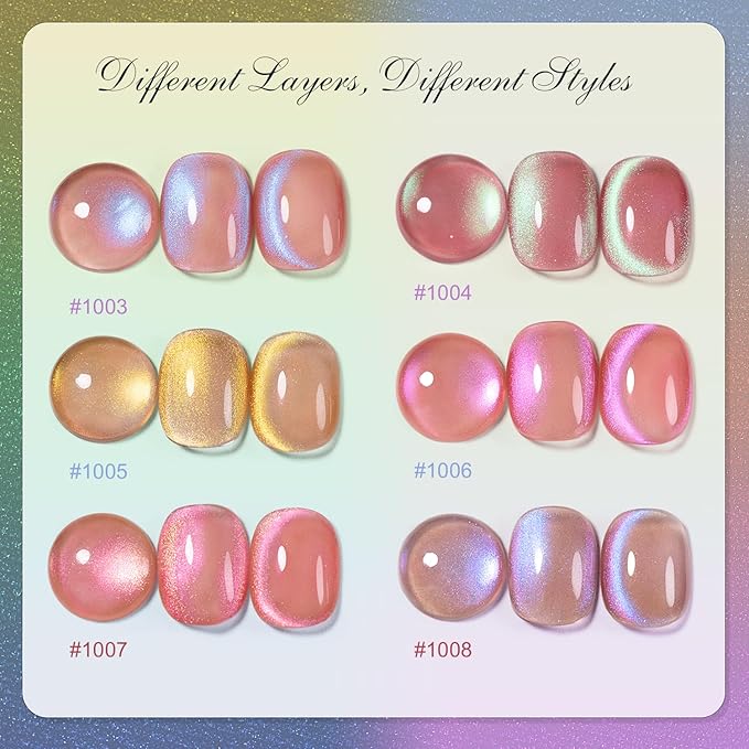 RARJSM Aurora Glitter Cat Eye Gel Nail Polish Set 6Pcs Nude Pink Light Purple Gold Brown Green Blue Galaxy Mermaid Glitter Cateye Gel Polish with Magnetic Stick UV LED Curing Require Home Salon-Velvo Beauty
