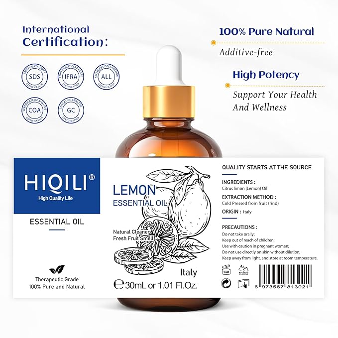 HIQILI Lemon Essential Oil, 100% Pure Undiluted for Cleaning, Skin, Diffuser - 1 Fl Oz/30ML-Velvo Beauty