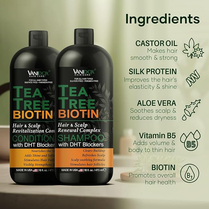 Tea Tree Oil Shampoo and Conditioner Set with Biotin, DHT Blockers, Itchy Scalp Relief, Supports Thicker-Looking Hair, Cleanses Dandruff & Buildup, For Men & Women, Made in USA, 16 fl oz Each-Velvo Beauty