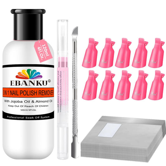 EBANKU Nail Polish Remover Kit, 120ML Gel Remover with Cuticle Oil 10 pcs Nail Clips, 50pcs Nail Foil and Tools Quick Removal for Nails Polish Acrylic Dip Powder-Velvo Beauty