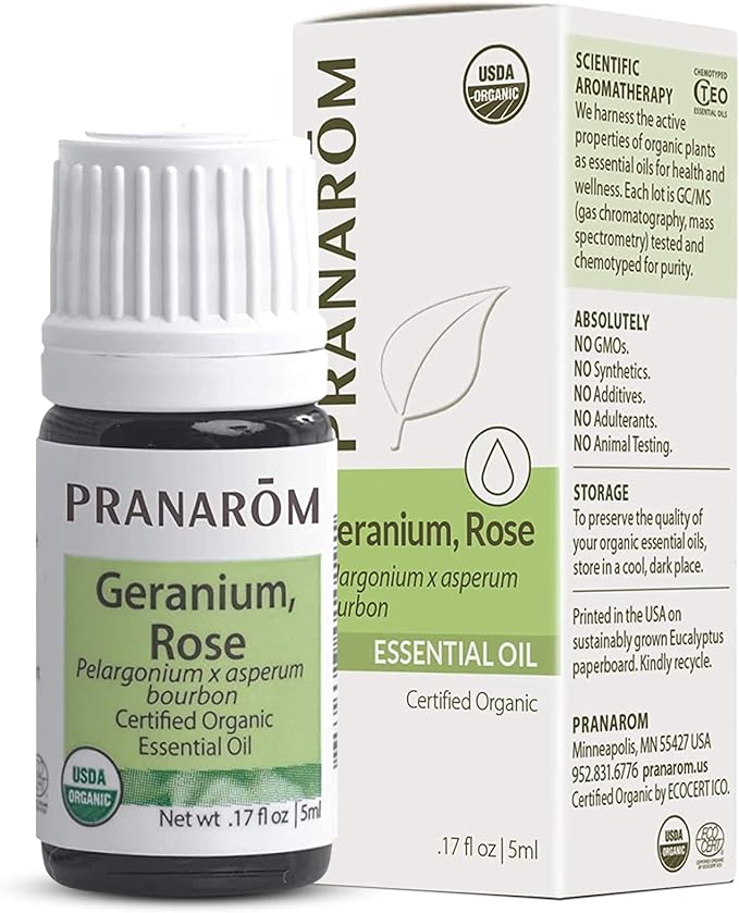 Pranarom USDA Certified Organic Rose Geranium Essential Oil (5ml), 100% Pure Undiluted Therapeutic Grade from Madagascar for Aromatherapy, Diffuser, Skincare, Relaxation, Pure Rose Scent-Velvo Beauty