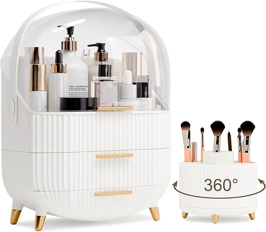 Makeup Organizers and Storage Make up Organizer for Vanity Cosmetics Skincare With Lid and Drawers Display Cases for Countertop Bathroom Women Teenager Girl Gifts(White+Brush Holder)-Velvo Beauty