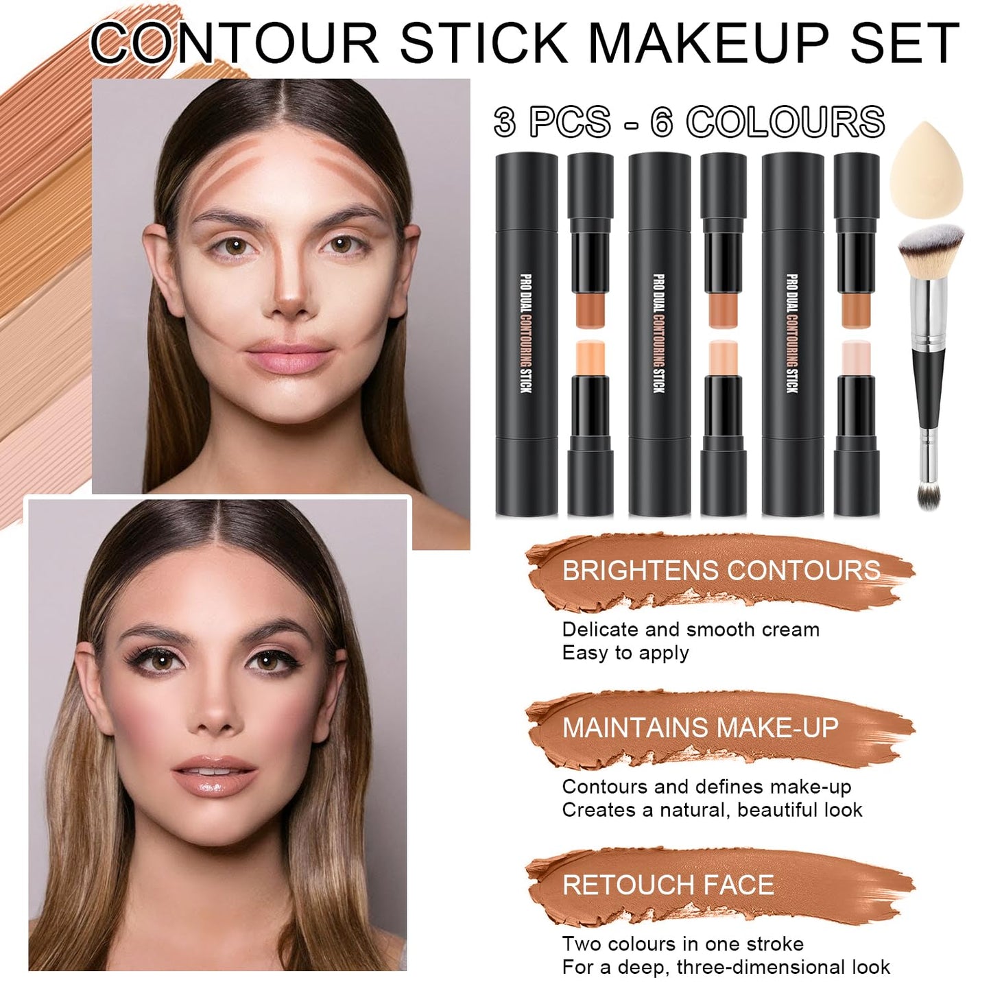 6 Colors Cream Contour Stick Makeup, Primer Face Highlighter Contouring for Beginners, Highlight and Contour Kit, Cream Concealer Makeup Blush Stick, Primer Face Corrector (SET B)-Velvo Beauty
