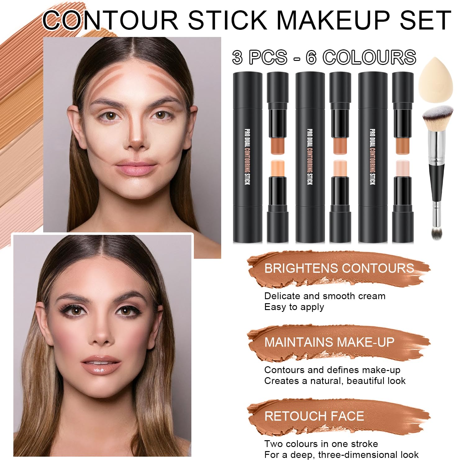 6 Colors Cream Contour Stick Makeup, Primer Face Highlighter Contouring for Beginners, Highlight and Contour Kit, Cream Concealer Makeup Blush Stick, Primer Face Corrector (SET B)-Velvo Beauty