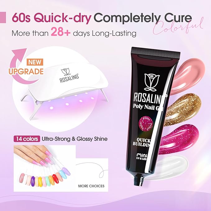 ROSALIND Poly Nail Gel Colors Kit -14 Colors +72 Nail Art Accessories kit Glitter Poly Nails Gel Kit Starter Kit with Mini UV Lamp Slip Solution Nude Pink Poly Nail Art for Beginners with Everything-Velvo Beauty