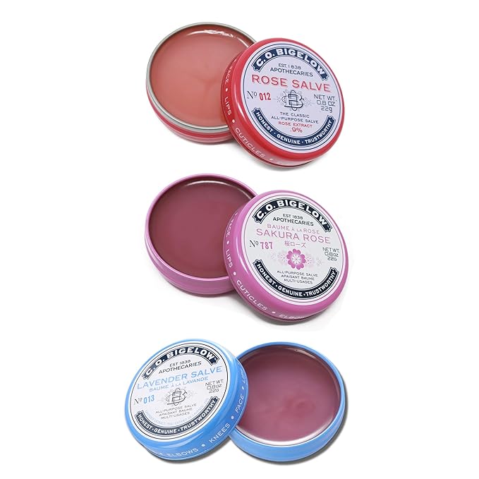 C.O. Bigelow All Purpose Salves, Variety Pack of 3 Lip Balm Tins for Chapped Lips & Dry Skin - Classic Rose, Lavender & Sakura Rose Moisturizing Lip and Skin Salves, 0.8 oz each-Velvo Beauty