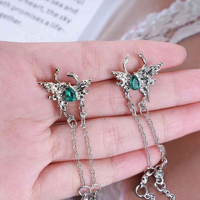 Vintage Emerald Butterfly Earrings Silver Chain Tassel Drop Earrings Butterfly Emerald Stud Earings Long Cz Chain Earrings Jewelry for Women and Girls-Velvo Beauty