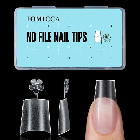 TOMICCA Short Coffin Nail Tips, 510Pcs Acrylic Half Cover Nail Tips, 12 Sizes No C Curve Full Matte Gel Nail Extension Tips for Beginner and Professional-Velvo Beauty