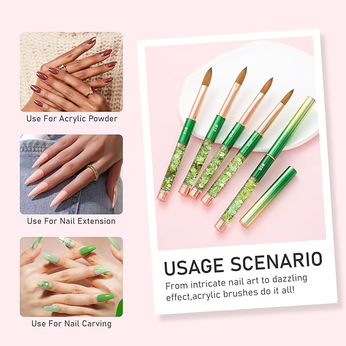 Acrylic Nail Brush Size #08, KEMEISI 100% Pure Kolinsky Nail Art Brushes Sturdy Handle Oval Shaped Acrylic Powder Nail Design Tools for Professional Manicure DIY Home Salon (Green)-Velvo Beauty