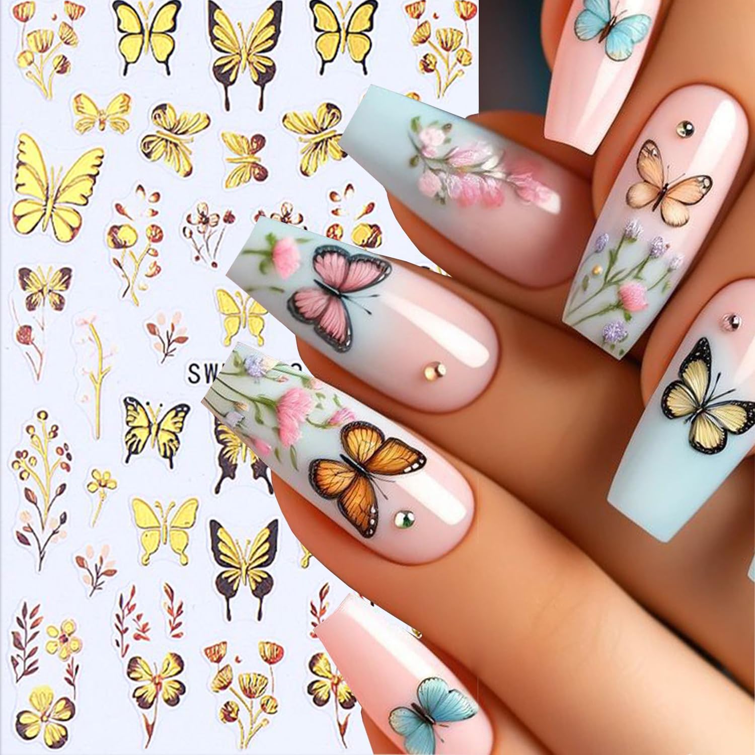 Butterfly Nail Art Stickers Gold Butterflies Nails Art Decals 3D Self-Adhesive Nails Sticker Holographic Spring Decal Decoration for Women Blue Butterfly Manicure Stickers DIY Nail Supplies-Velvo Beauty