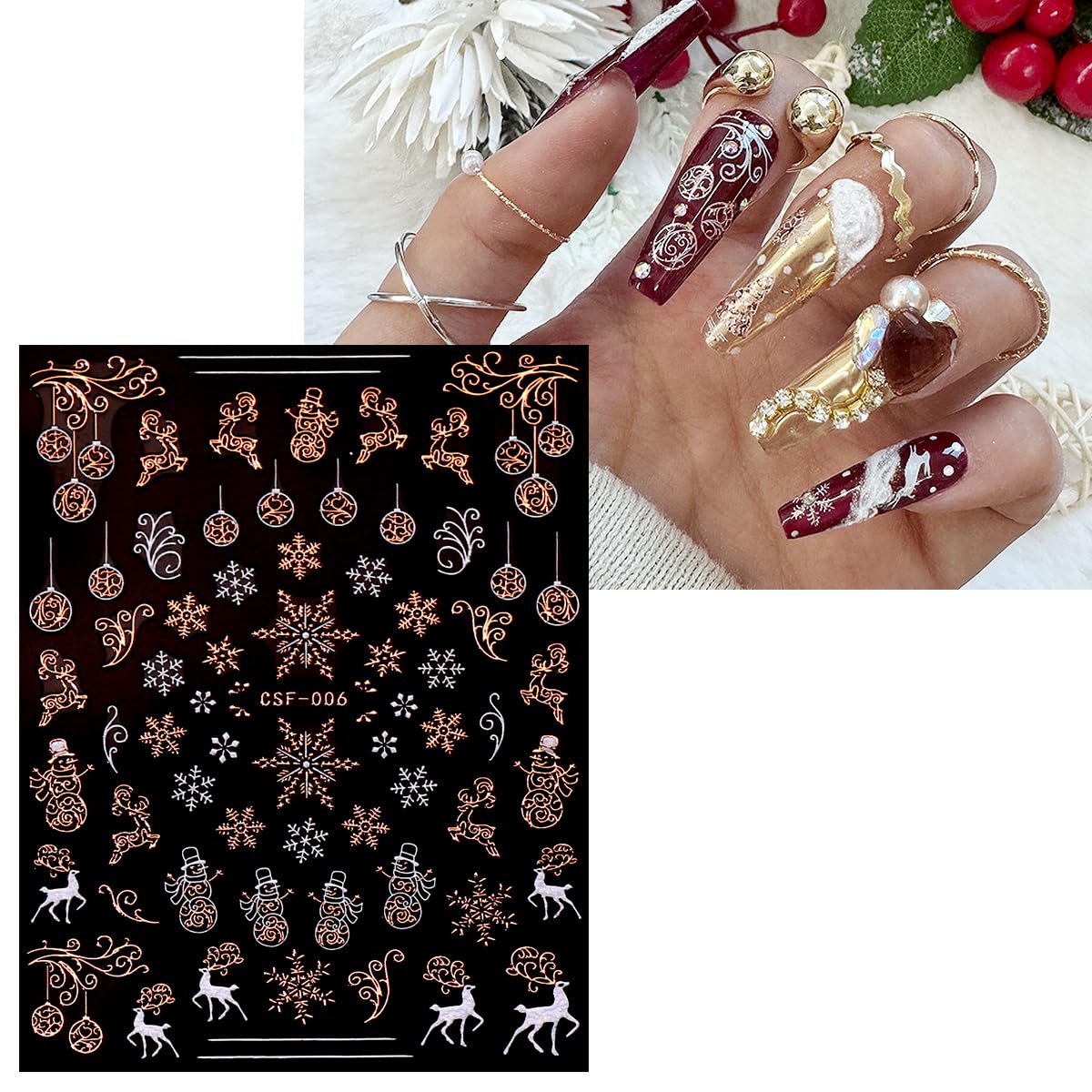 JMEOWIO 9 Sheets Christmas White Glitter Nail Art Stickers Decals Self-Adhesive Snowflake Winter Holiday Rose Gold Nail Supplies Nail Art Design Decoration Accessories-Velvo Beauty