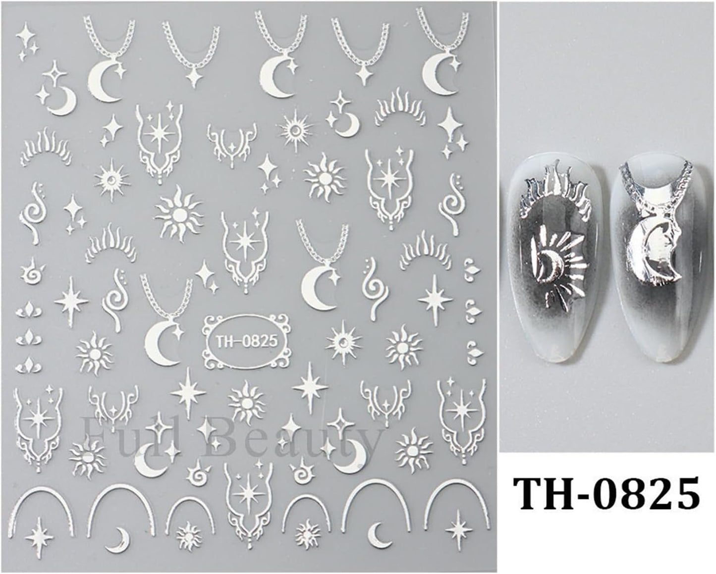 Metallic Silver Nail Art Stickers 3D Self-Adhesive Nails Stickers Bohemian Sun Moon Hexagram Butterfly Heart French Tip Decal Supplies Women DIY Silver Metal Nail Art Decoration 4Sheets-Velvo Beauty