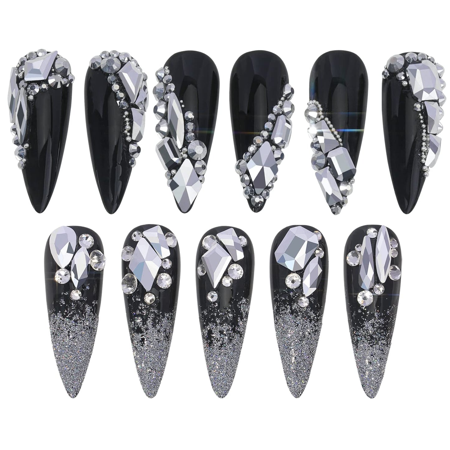 HNUIX Nail Rhinestones - 3D Multi Shape Size, Silver Nail Gems and Charms, Flat Back Crystal, with Kit, for Nail Art, DIY Decorations-Velvo Beauty