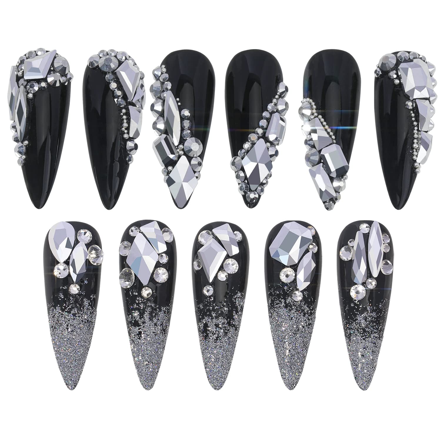 HNUIX Nail Rhinestones - 3D Multi Shape Size, Silver Nail Gems and Charms, Flat Back Crystal, with Kit, for Nail Art, DIY Decorations-Velvo Beauty
