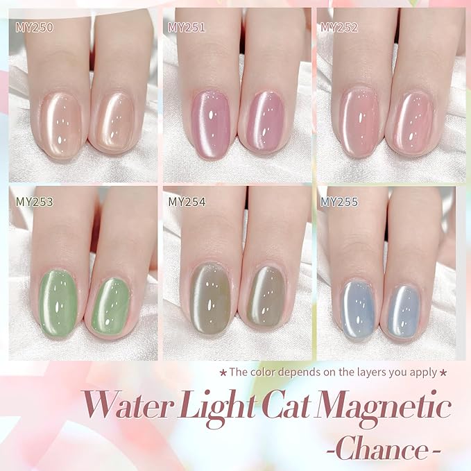 Born Pretty Pastel Magnetic Gel Nail Polish,Water Light Cat Magnetic Eye Gel Jelly Glass Crystal Nail Polish Glitter Shimmer Auroras Magnetic Gel Nail Art Manicure Kit 6PCS-Velvo Beauty
