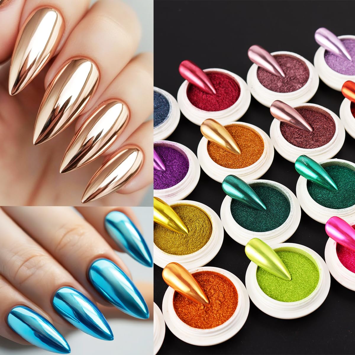 24Pcs Chrome Nail Powder Set - Metallic Mirror Effect Holographic Iridescent Aurora Mermaid Nail Powder Pigment Silver Red Green Gold Nail Chrome Powder for Nails Art Decoration(24 Eye Shadow Sticks)-Velvo Beauty