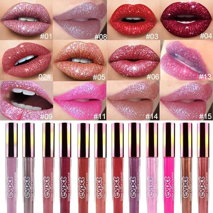 evpct 2Pcs Plum & Dark Wine Red Matte to Glitter Liquid Lipstick Long Lasting Lip Set Kit for Women Diamond Shiny Glitter Sparkly Glossy Metallic Shimmer Sparkle Waterproof Lipstick Lip Gloss 06+13-Velvo Beauty