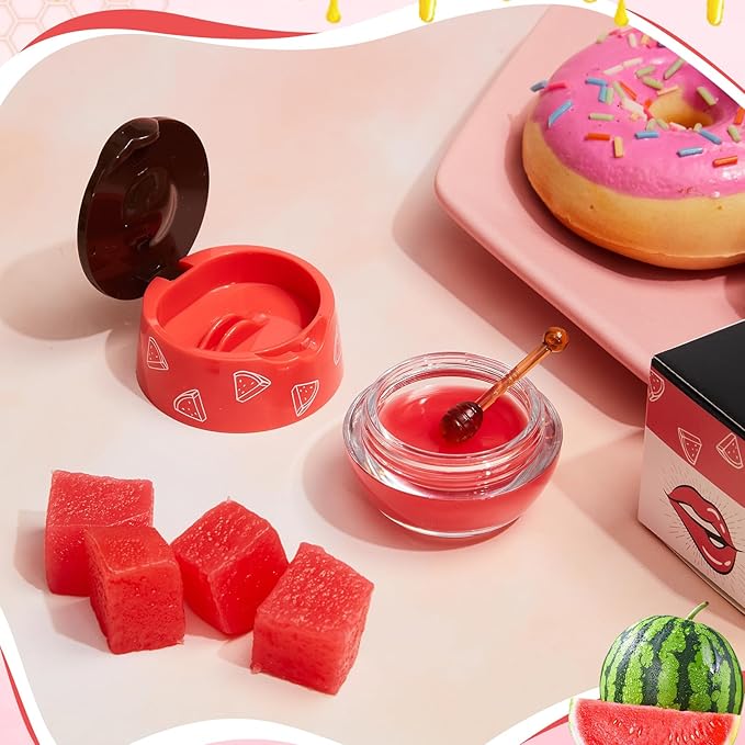 12 Pcs Bee Lip Balm Honey Pot with Brush Propolis Lip Mask Overnight, Moisturizing Hydrating Lip Sleeping Mask Prevention Dry and Cracked(Honey+Strawberry+Watermelon)-Velvo Beauty