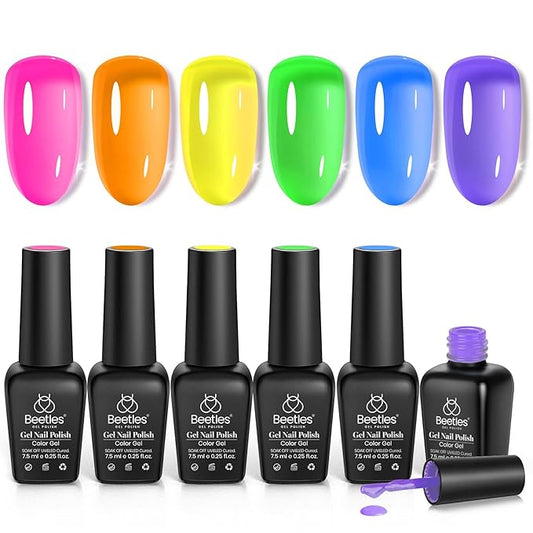 Beetles Neon Gel Nail Polish Set, 6 Summer Colors Jelly Gel Polish Kit Pink Orange Yellow Blue Green Purple Sheer Translucent Effect Soak Off UV French Nail Art Manicure Gifts for Girls Women-Velvo Beauty