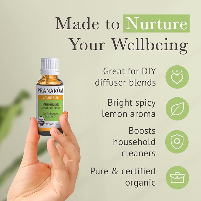 Pranarom USDA Certified Organic Lemongrass Essential Oil (30ml), 100% Pure Undiluted Therapeutic Grade from India for Aromatherapy, Diffuser, Meditation, Massage, Relaxation, Citrus - Lemon-Velvo Beauty