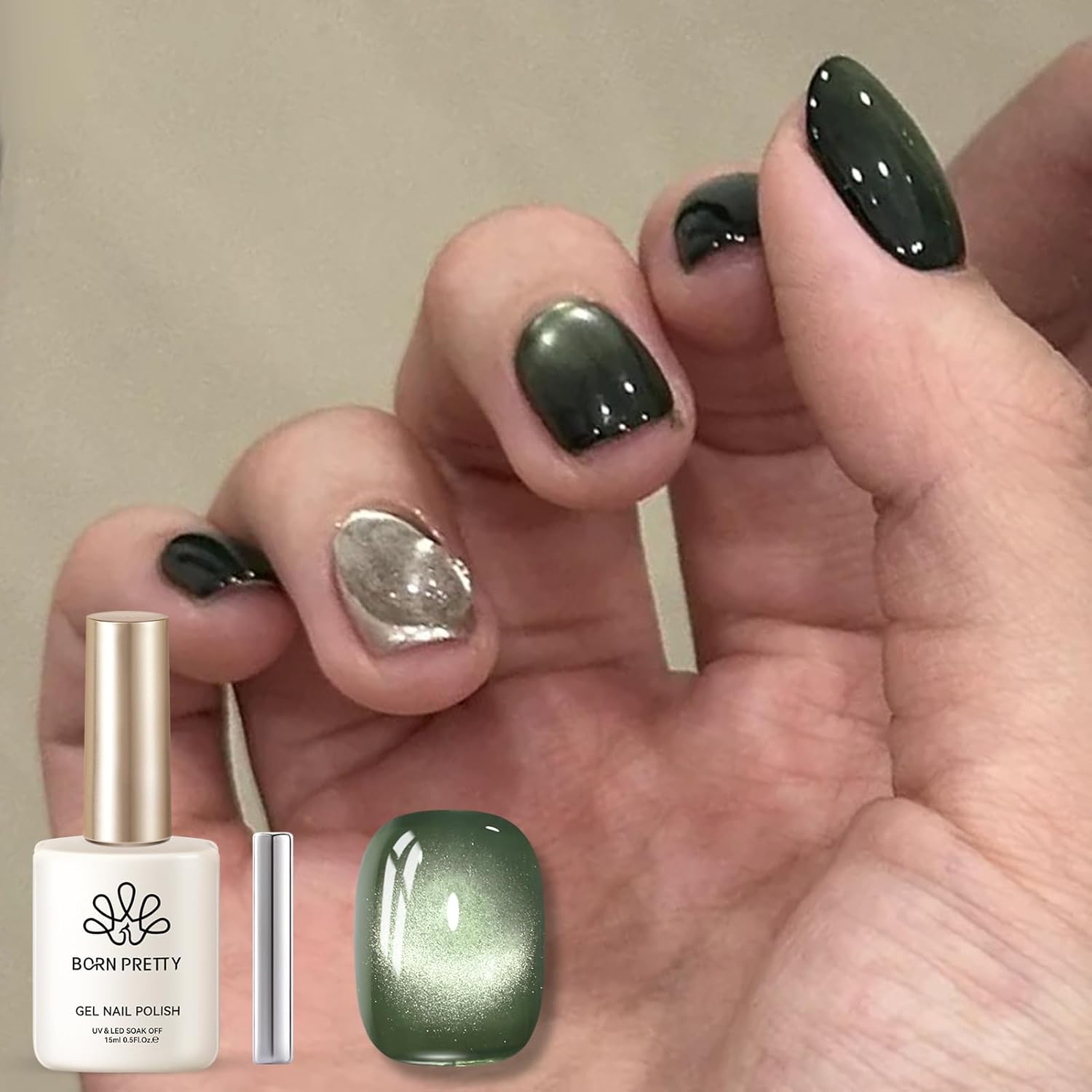 BORN PRETTY Cat Magnetic Eye Gel Nail Polish,Dark Emerald Jelly Glass Magnetic Gel Polish,Green Glitter Soak Off Nail Art Salon Manicure Home Gift 15ml-Velvo Beauty
