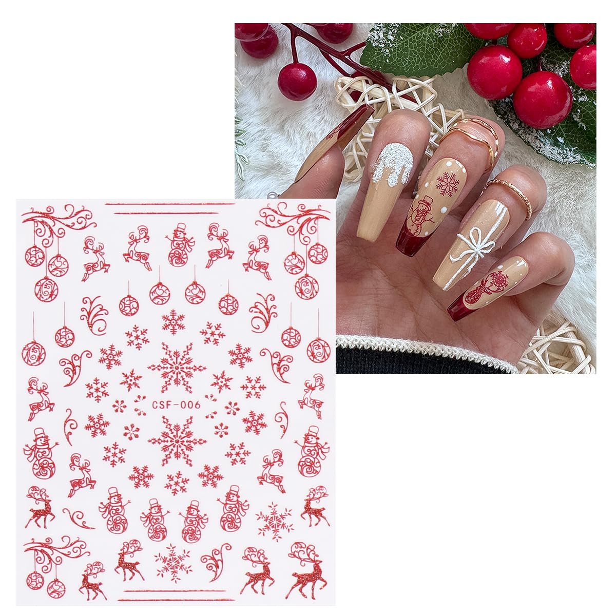 JMEOWIO 9 Sheets Christmas Glitter Nail Art Stickers Decals Self-Adhesive Red Nail Supplies Nail Art Design Decoration Accessories-Velvo Beauty