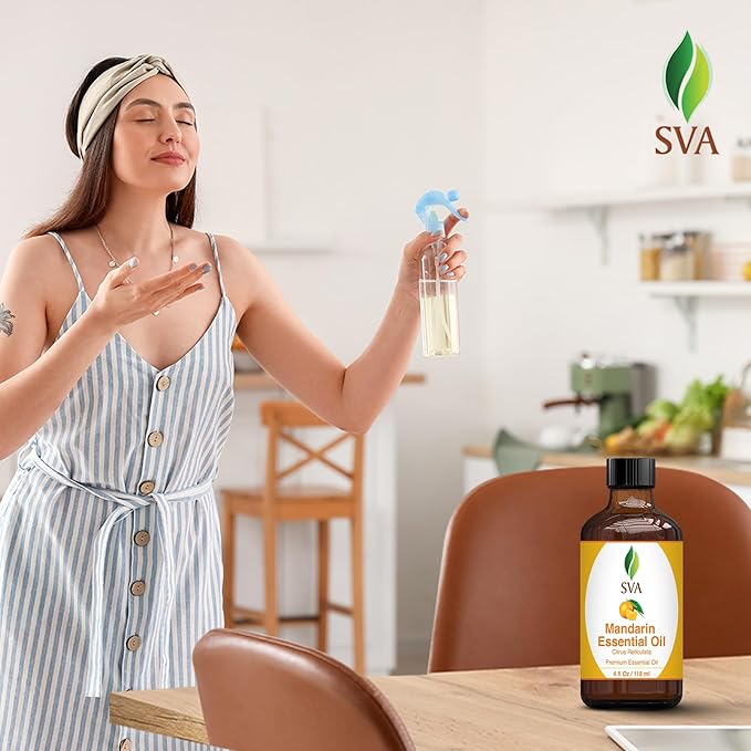 SVA Mandarin Essential Oil – 4 Fl Oz – 100% Natural Mandarin Oil - for Diffuser, Hair Care, Face, Skin Care, Aromatherapy, Scalp and Body Massage, Soap and Candle Making – with Dropper-Velvo Beauty