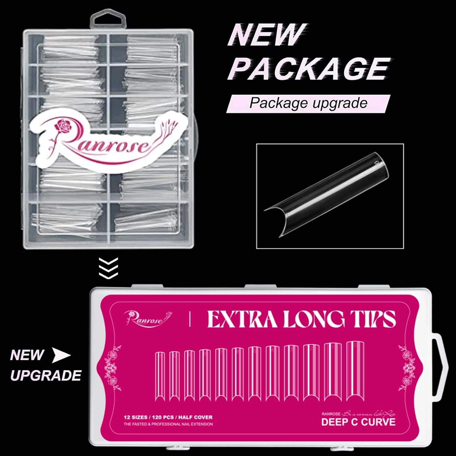 Ranrose 120PCS Extra Long Half Nail Tips,XXL Super Long Half Cover Deep C Curve False Nails 12 Sizes Tapered Square Press on Nails with Box-Velvo Beauty