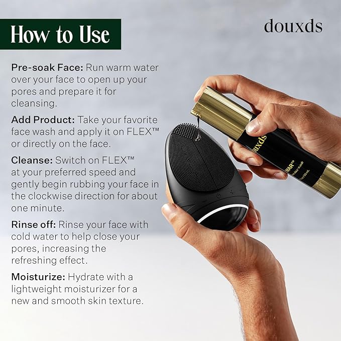 douxds Flex™ Pro Vibrating Face Brush, Electric Face Scrubber, Face Scrubber for Men, Flex™ Face Brush, Men's Skin Care, Powerful Sonic Technology, Removes Dark Marks and Bumps, Acne Treatment-Velvo Beauty