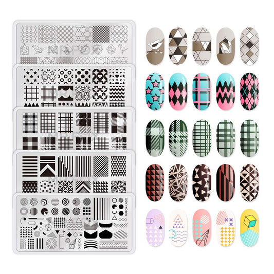 Mr.Fox Nail Printing Board Set Geometric Motif Lines Round Plaid Diamond Pattern Art DIY hot Stamping Template, etc-Velvo Beauty