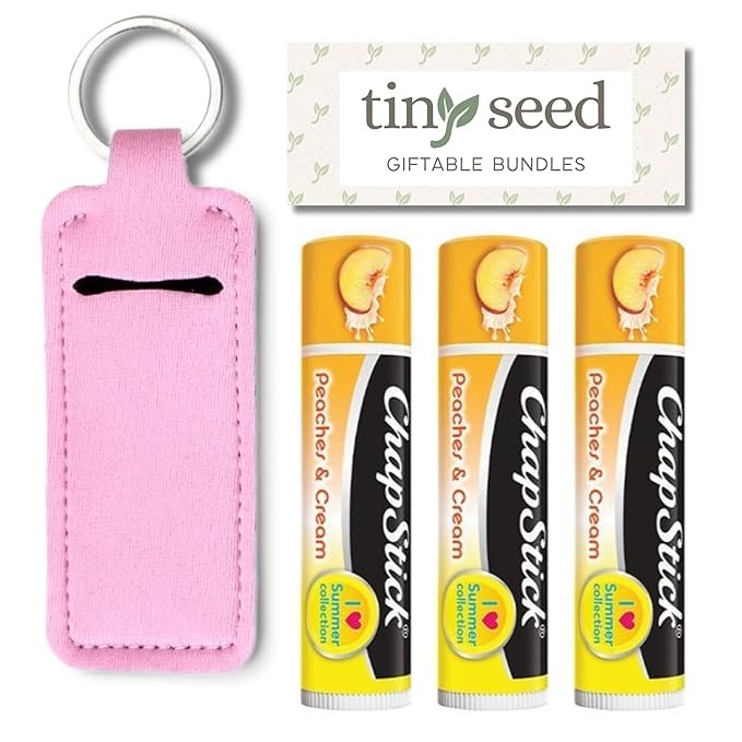Peaches and Cream Chapstick 3-Pack. Includes Bonus Lip Balm Holder Keychain (Pink). Limited Edition Flavor from the Chapstick I Love Summer Collection, Unique Gift Bundle from-Velvo Beauty