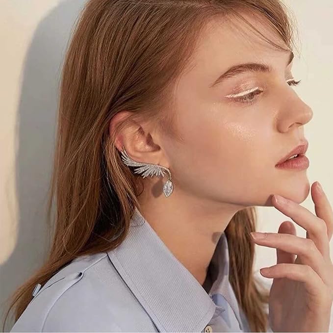 Boho Crystal Angel Wing Earrings Silver Rhinestone Wing Earrings Cz Crystal Ear Climber Earrings Guardian Wing Clip on Earrings Jewelry for Women and Girls Gifts-Velvo Beauty